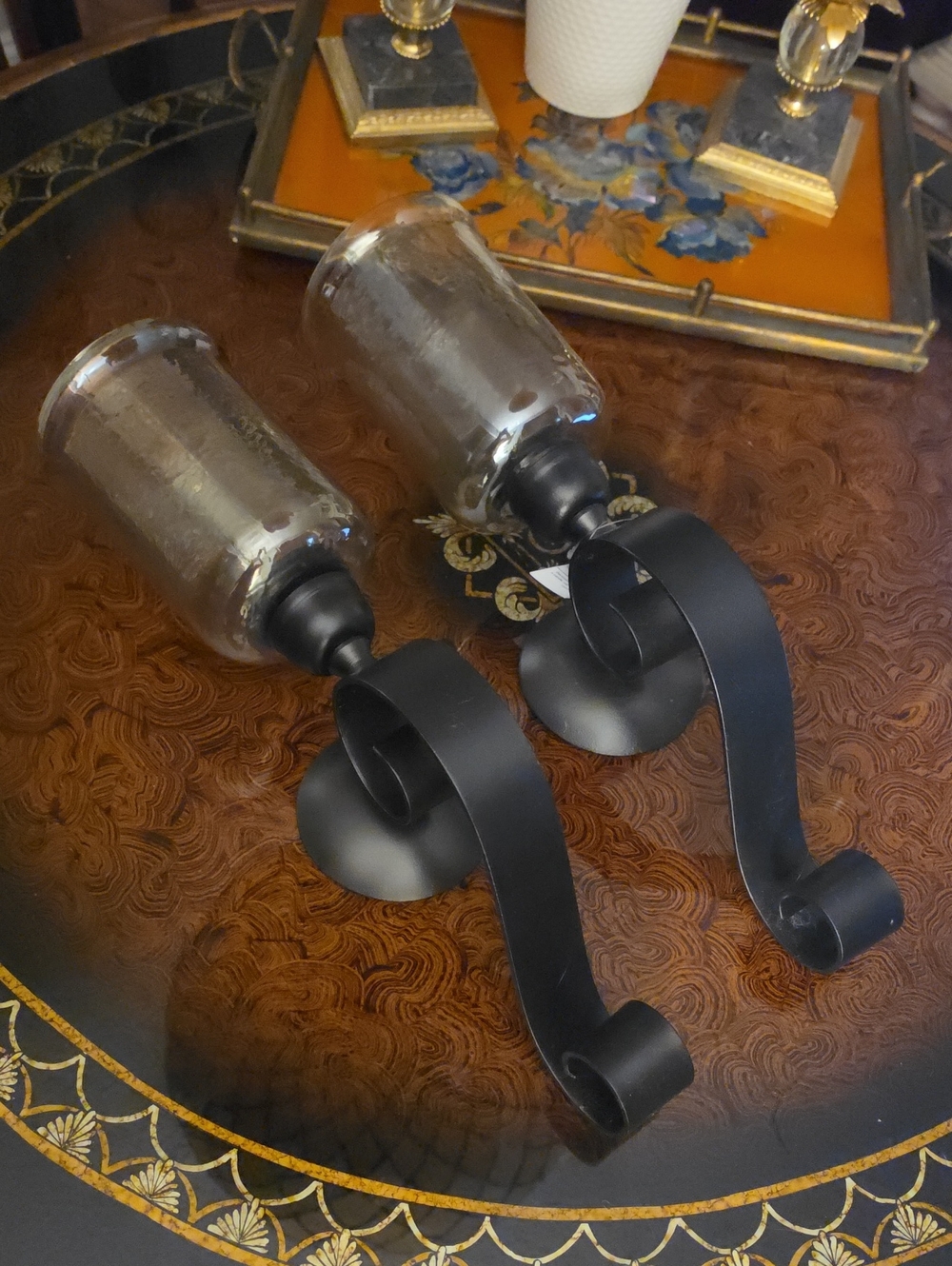 Hobby Lobby Black Scroll Candle Sconces with Smoked Glass